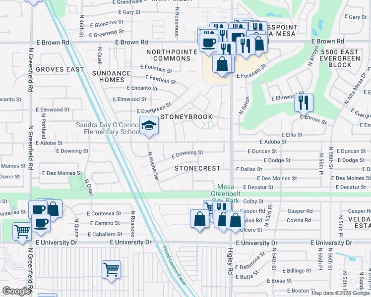 map of restaurants, bars, coffee shops, grocery stores, and more near 5016 East Dartmouth Street in Mesa