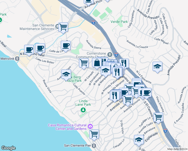 map of restaurants, bars, coffee shops, grocery stores, and more near 126 West Mariposa in San Clemente