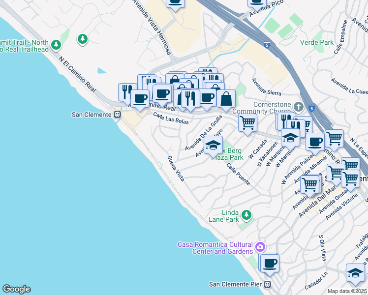 map of restaurants, bars, coffee shops, grocery stores, and more near 230 Avenida Pelayo in San Clemente