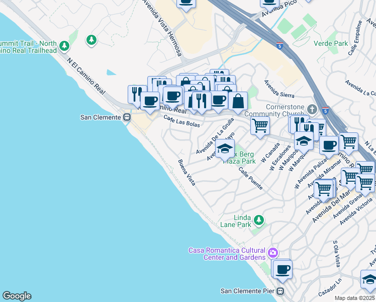 map of restaurants, bars, coffee shops, grocery stores, and more near 230 Avenida Pelayo in San Clemente