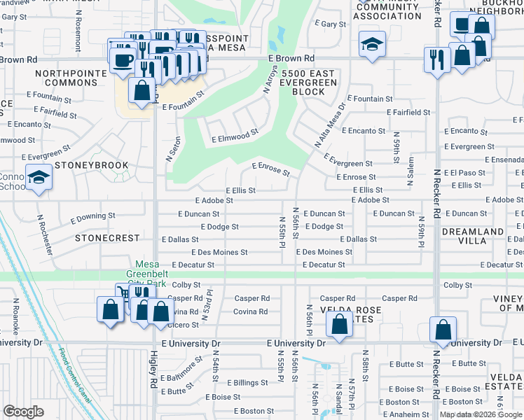 map of restaurants, bars, coffee shops, grocery stores, and more near 5502 East Dodge Street in Mesa