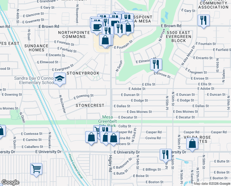map of restaurants, bars, coffee shops, grocery stores, and more near 5216 East Dodge Street in Mesa