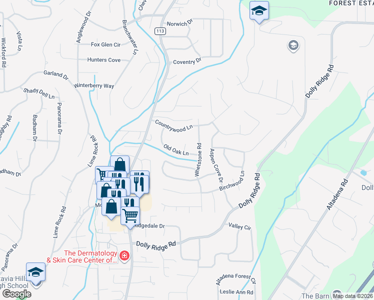 map of restaurants, bars, coffee shops, grocery stores, and more near 2509 Old Oak Lane in Vestavia Hills