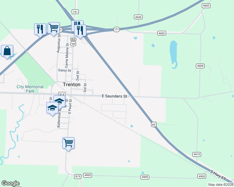 map of restaurants, bars, coffee shops, grocery stores, and more near 603 East Saunders Street in Trenton