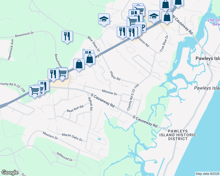 map of restaurants, bars, coffee shops, grocery stores, and more near 225 Da Gullah Way in Pawleys Island