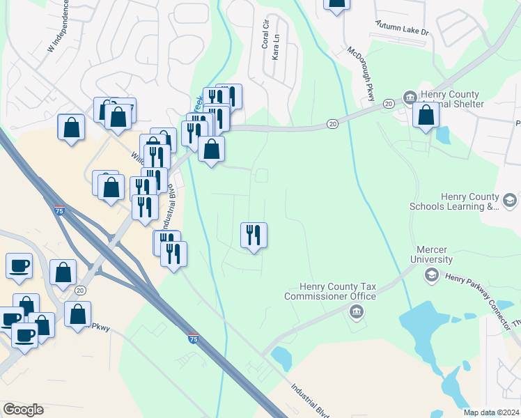 map of restaurants, bars, coffee shops, grocery stores, and more near 610 Fieldcrest Drive in McDonough