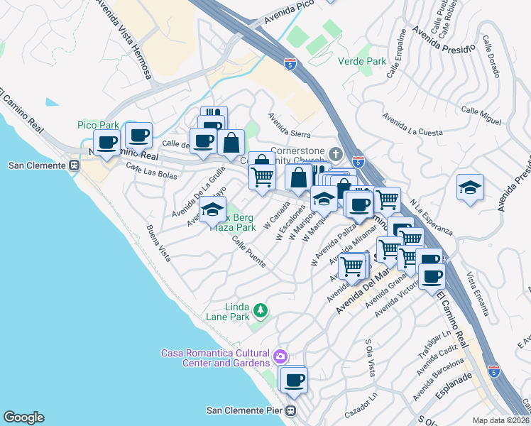 map of restaurants, bars, coffee shops, grocery stores, and more near 119 Avenida Del Poniente in San Clemente