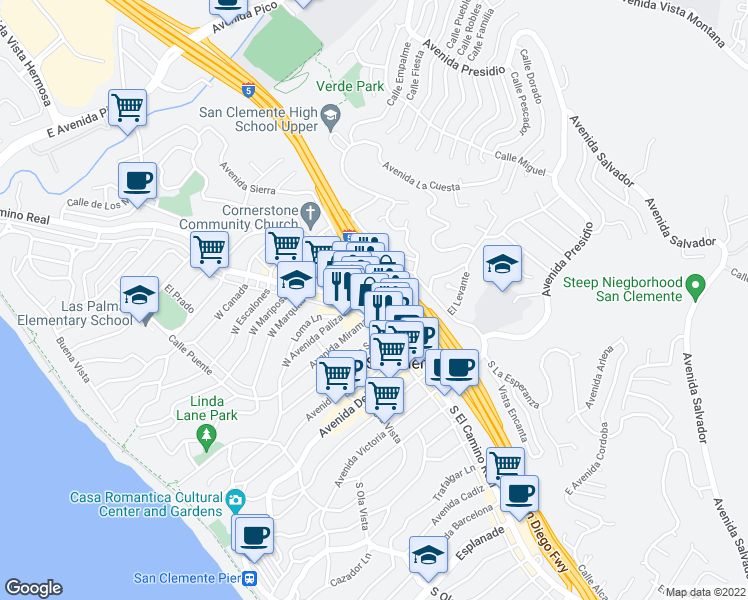 map of restaurants, bars, coffee shops, grocery stores, and more near 106 Avenida Miramar in San Clemente