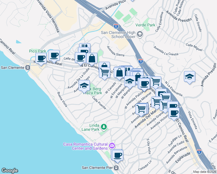 map of restaurants, bars, coffee shops, grocery stores, and more near 118 West Canada in San Clemente