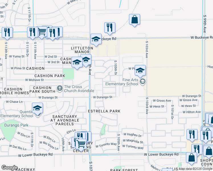 map of restaurants, bars, coffee shops, grocery stores, and more near 10532 West Chickasaw Street in Tolleson