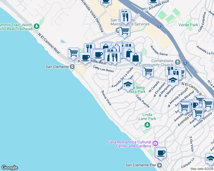 map of restaurants, bars, coffee shops, grocery stores, and more near 230 Avenida Pelayo in San Clemente