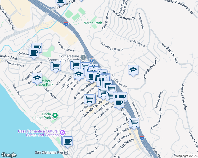 map of restaurants, bars, coffee shops, grocery stores, and more near 415 North El Camino Real in San Clemente
