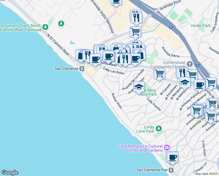 map of restaurants, bars, coffee shops, grocery stores, and more near 1501 Buena Vista in San Clemente