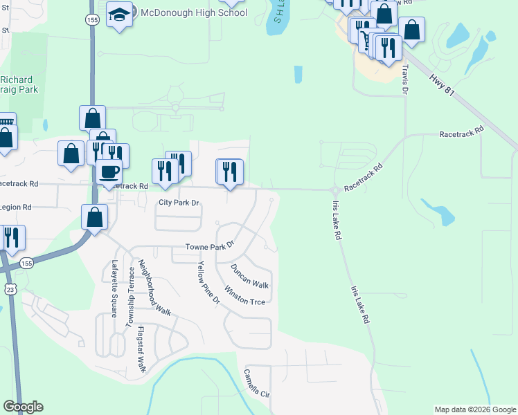 map of restaurants, bars, coffee shops, grocery stores, and more near 5110 Towne Park Drive in McDonough