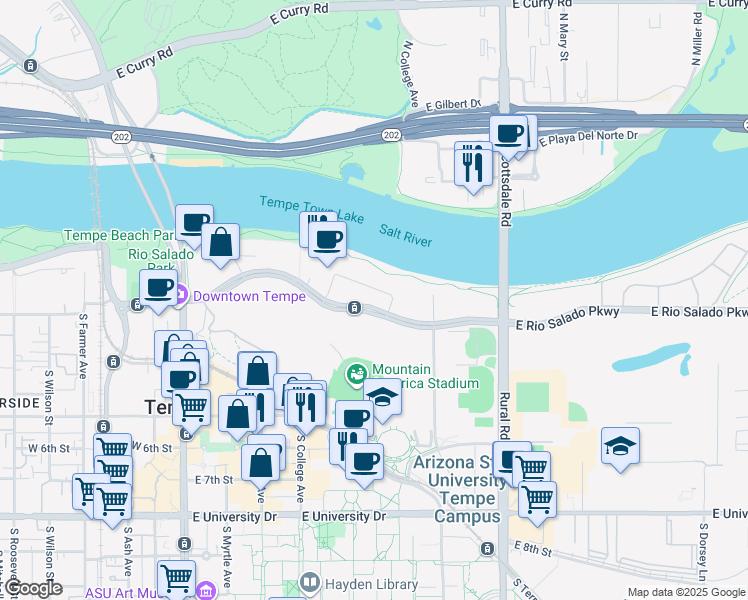 map of restaurants, bars, coffee shops, grocery stores, and more near 500 East Rio Salado Parkway in Tempe