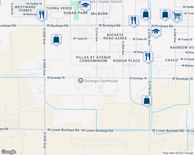 map of restaurants, bars, coffee shops, grocery stores, and more near W Durango St & S 31st Ave in Phoenix