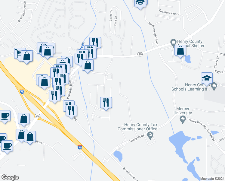 map of restaurants, bars, coffee shops, grocery stores, and more near 609 Fieldcrest Drive in McDonough