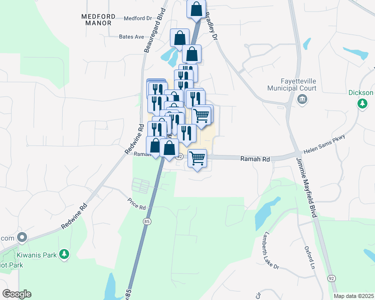 map of restaurants, bars, coffee shops, grocery stores, and more near 130 Highway 92 in Fayetteville