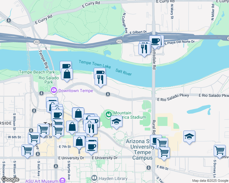map of restaurants, bars, coffee shops, grocery stores, and more near in Tempe