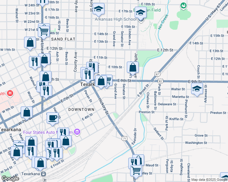 map of restaurants, bars, coffee shops, grocery stores, and more near 927 East 5th Street in Texarkana