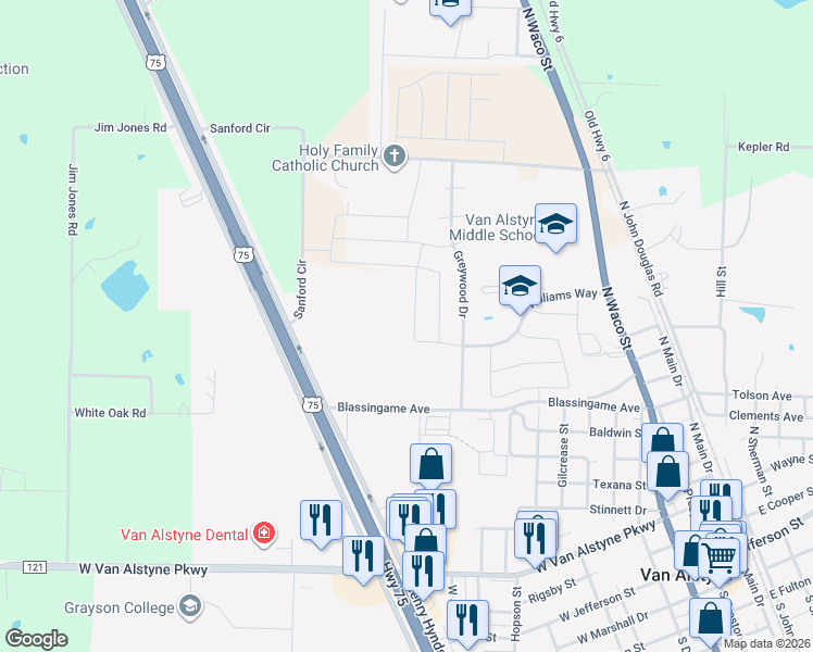 map of restaurants, bars, coffee shops, grocery stores, and more near 821 Williams Way in Van Alstyne