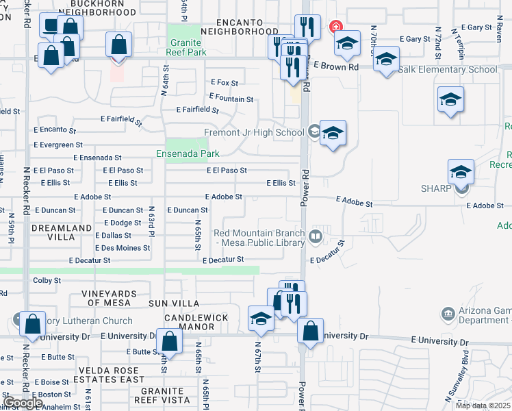 map of restaurants, bars, coffee shops, grocery stores, and more near 6649 East Dodge Street in Mesa