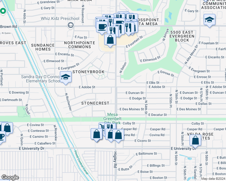 map of restaurants, bars, coffee shops, grocery stores, and more near 751 North Balboa Circle in Mesa