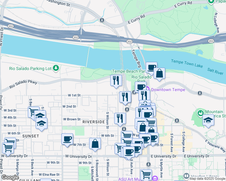 map of restaurants, bars, coffee shops, grocery stores, and more near 202 South Farmer Avenue in Tempe