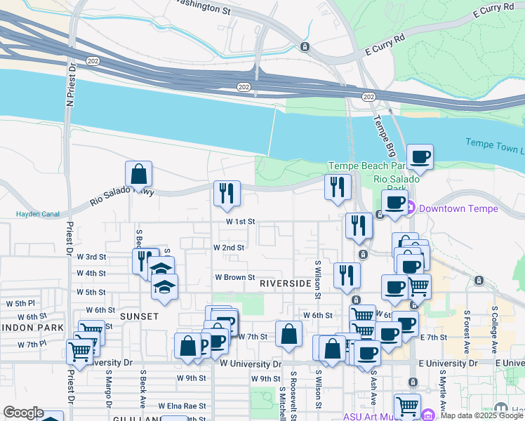 map of restaurants, bars, coffee shops, grocery stores, and more near 706 West 1st Street in Tempe