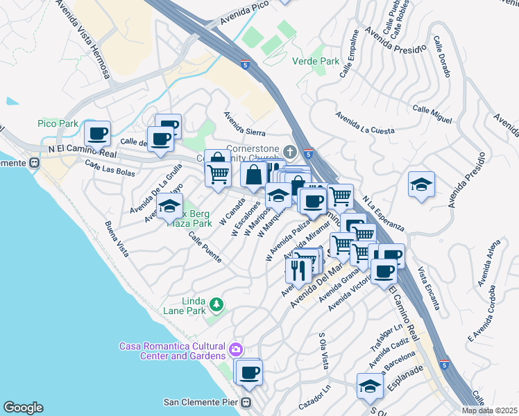 map of restaurants, bars, coffee shops, grocery stores, and more near 126 West Mariposa in San Clemente