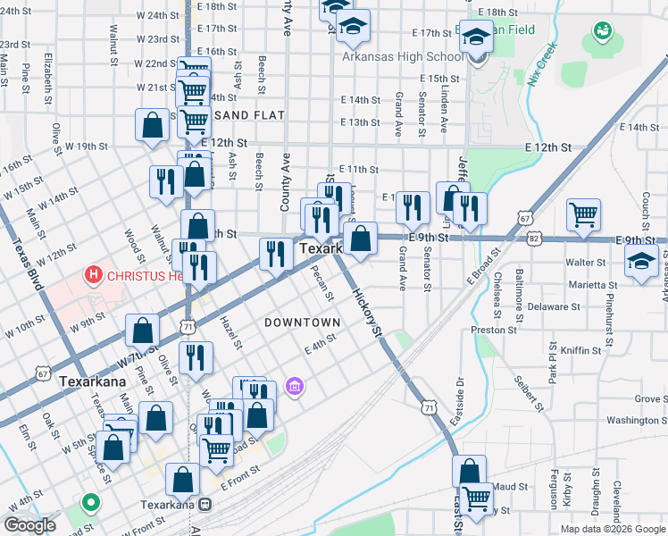map of restaurants, bars, coffee shops, grocery stores, and more near 516 Pecan Street in Texarkana
