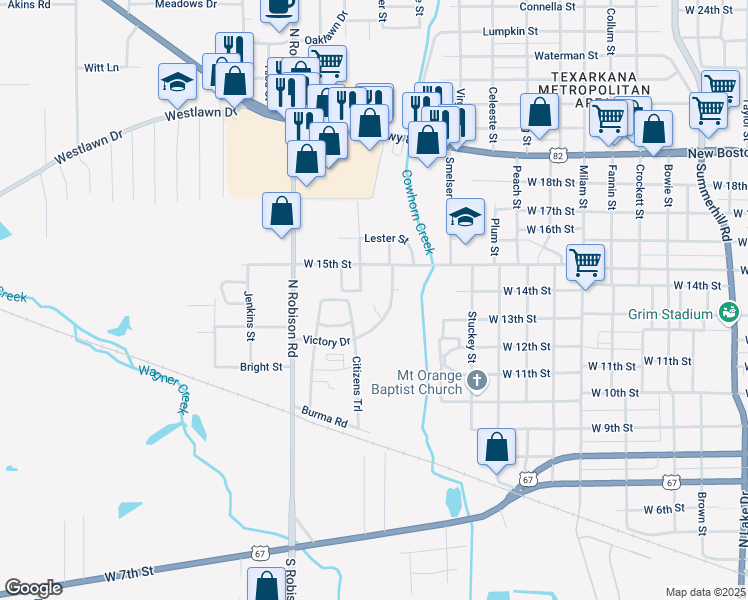 map of restaurants, bars, coffee shops, grocery stores, and more near 121 East Midway Drive in Texarkana