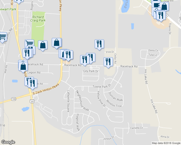 map of restaurants, bars, coffee shops, grocery stores, and more near 250 City Park Drive in McDonough
