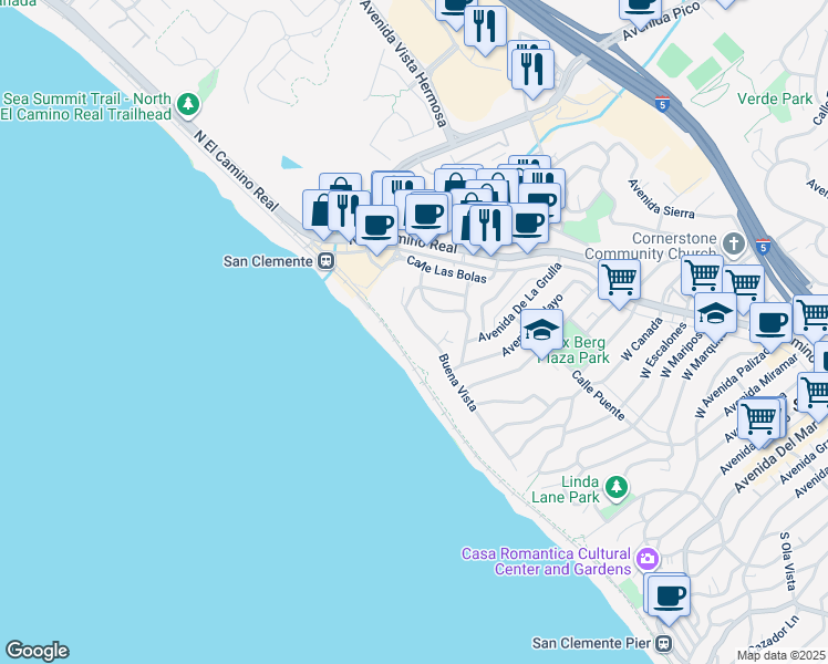 map of restaurants, bars, coffee shops, grocery stores, and more near 1513 Buena Vista in San Clemente