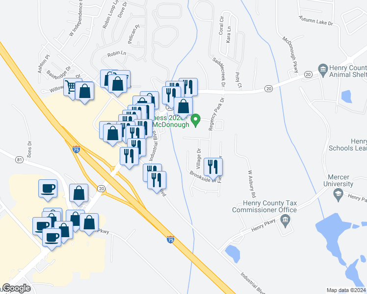 map of restaurants, bars, coffee shops, grocery stores, and more near 340 Brookside Drive in McDonough