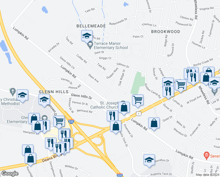 map of restaurants, bars, coffee shops, grocery stores, and more near 2701 Deen Avenue in Augusta