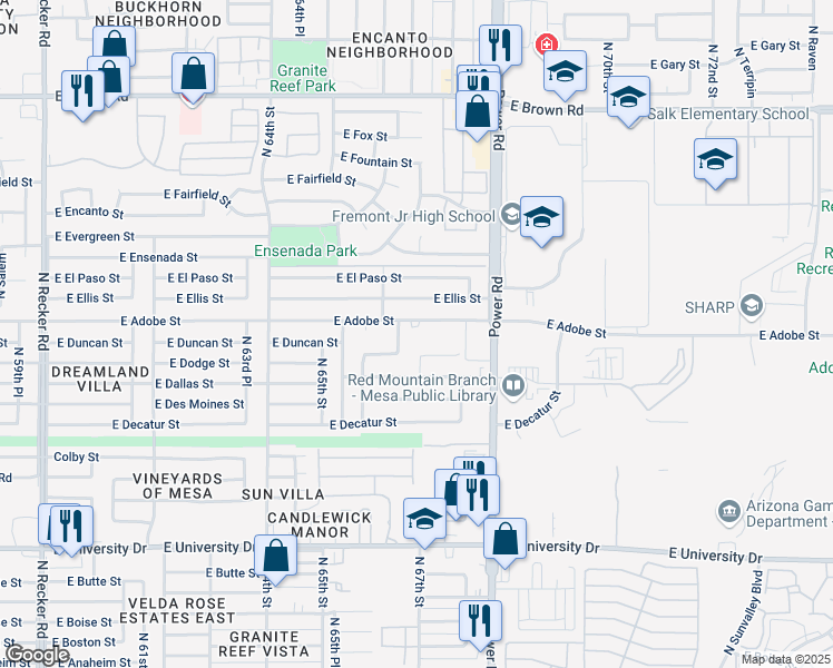 map of restaurants, bars, coffee shops, grocery stores, and more near 6649 East Dodge Street in Mesa