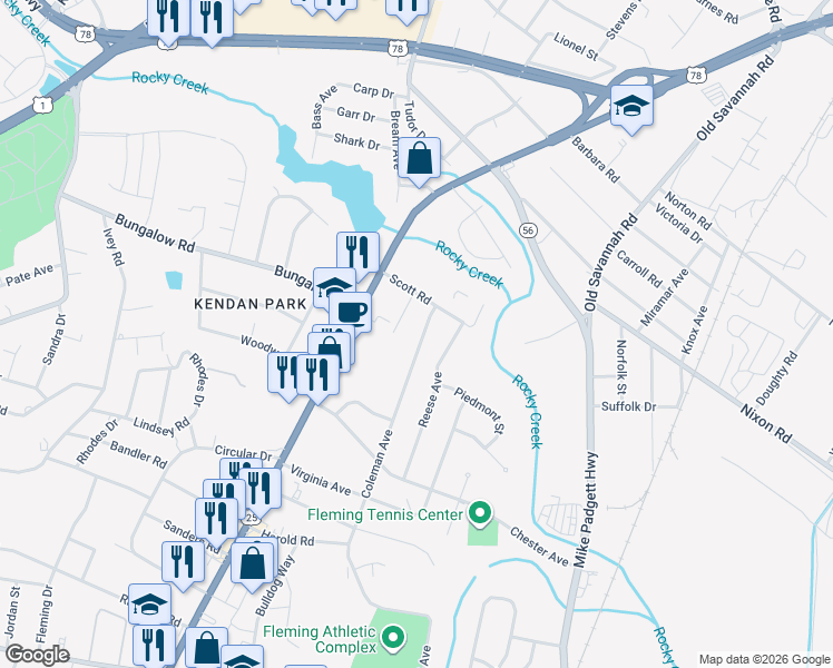 map of restaurants, bars, coffee shops, grocery stores, and more near 2479 Coleman Avenue in Augusta