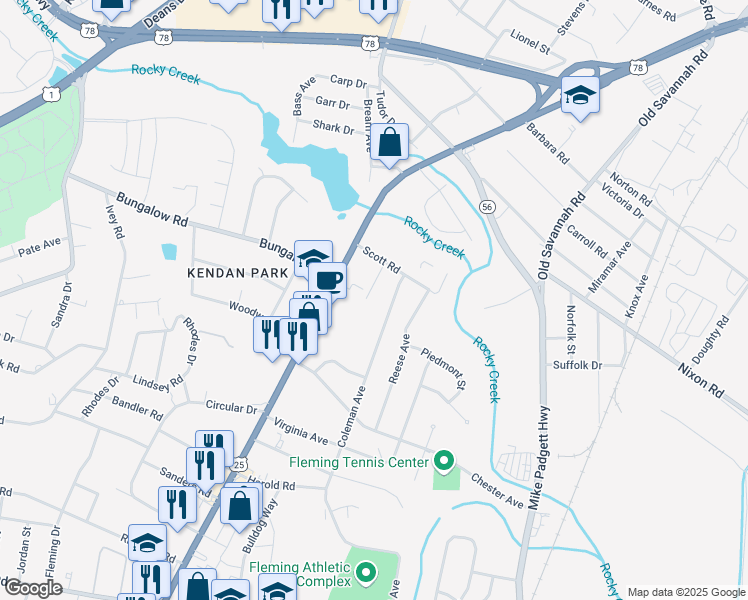 map of restaurants, bars, coffee shops, grocery stores, and more near 2482 Miles Avenue in Augusta