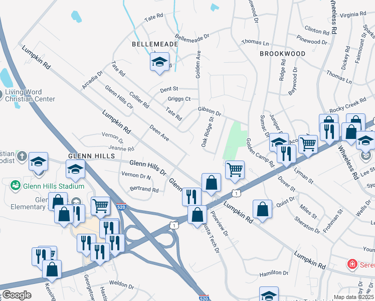 map of restaurants, bars, coffee shops, grocery stores, and more near 2701 Deen Avenue in Augusta