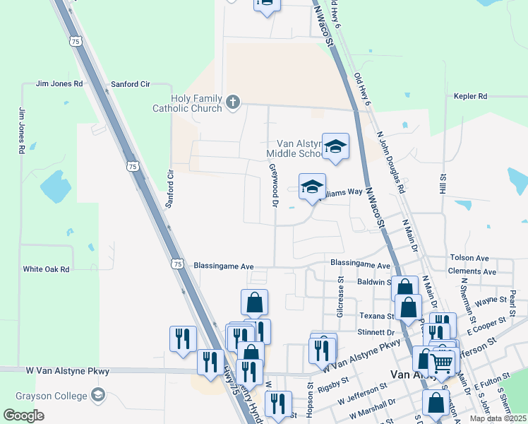 map of restaurants, bars, coffee shops, grocery stores, and more near 713 Williams Way in Van Alstyne