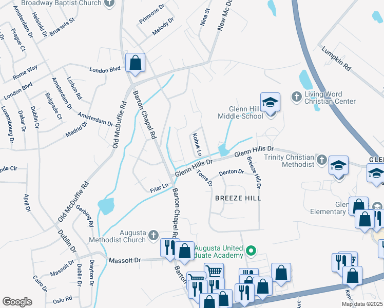 map of restaurants, bars, coffee shops, grocery stores, and more near 2508 Redoubt Circle in Augusta