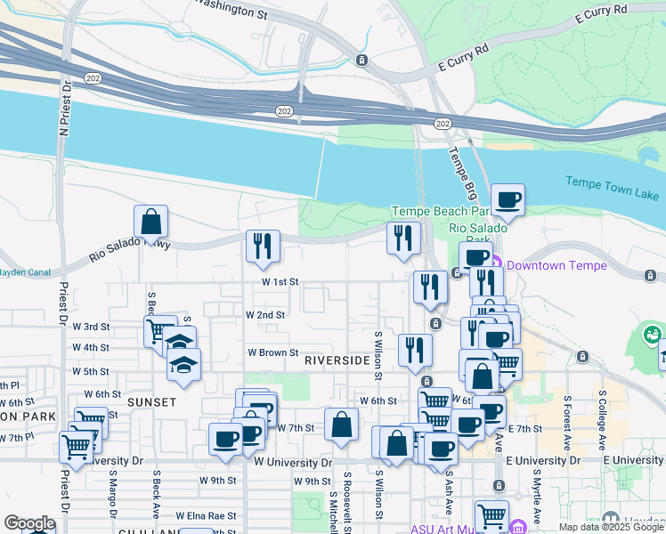 map of restaurants, bars, coffee shops, grocery stores, and more near 606 West 1st Street in Tempe
