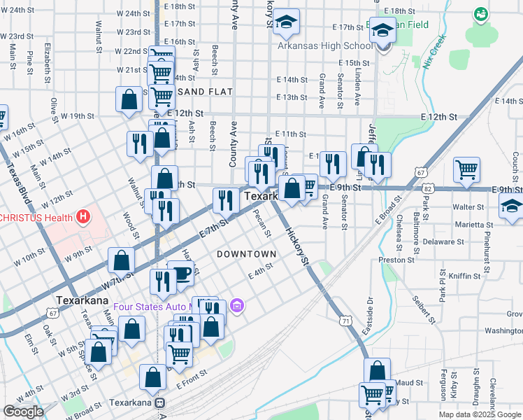 map of restaurants, bars, coffee shops, grocery stores, and more near 618 Pecan Street in Texarkana