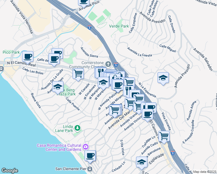 map of restaurants, bars, coffee shops, grocery stores, and more near 540 North El Camino Real in San Clemente