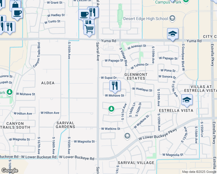 map of restaurants, bars, coffee shops, grocery stores, and more near 16218 West Hualapai Street in Goodyear