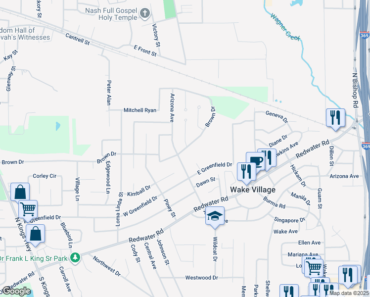 map of restaurants, bars, coffee shops, grocery stores, and more near 1009 Brown Drive in Wake Village