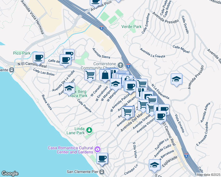 map of restaurants, bars, coffee shops, grocery stores, and more near 106 West Mariposa in San Clemente