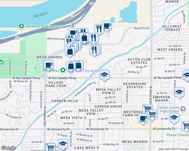 map of restaurants, bars, coffee shops, grocery stores, and more near 1500 West Rio Salado Parkway in Mesa