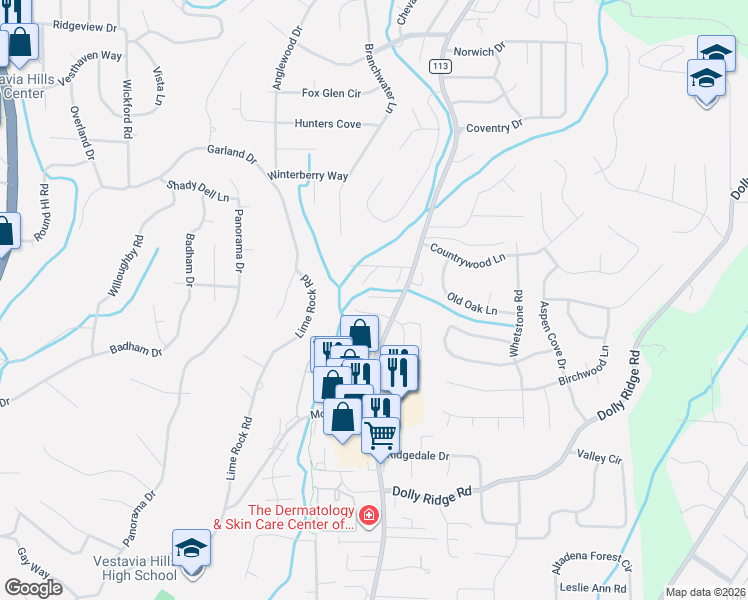 map of restaurants, bars, coffee shops, grocery stores, and more near 1503 Cambridge Circle in Vestavia Hills